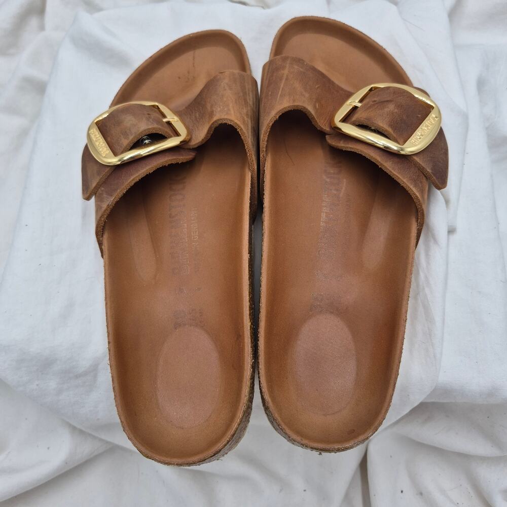 Birkenstock Brown Leather Slide Sandals with Gold Buckles - Picture 3 of 7